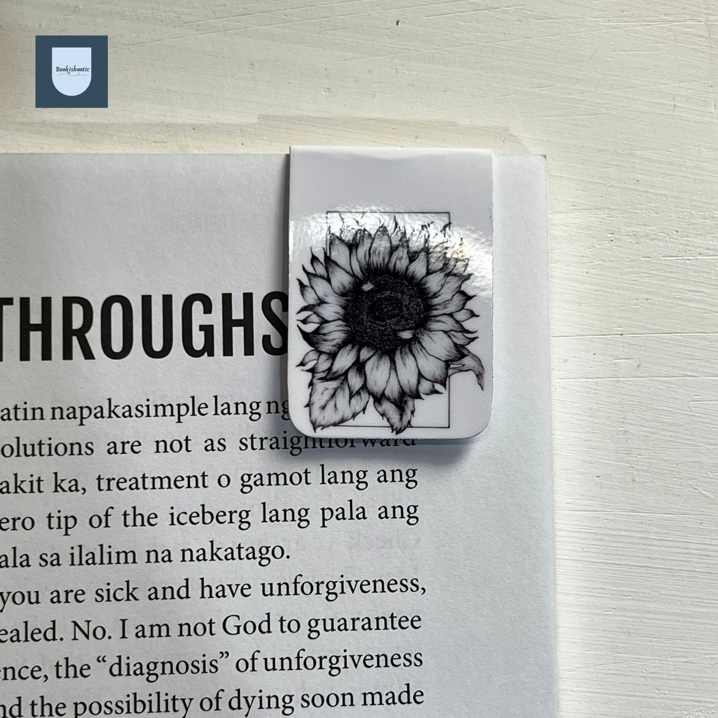 Sunflower Floral Ink Magnetic Bookmark | Minimalist Black & White Botanical Design