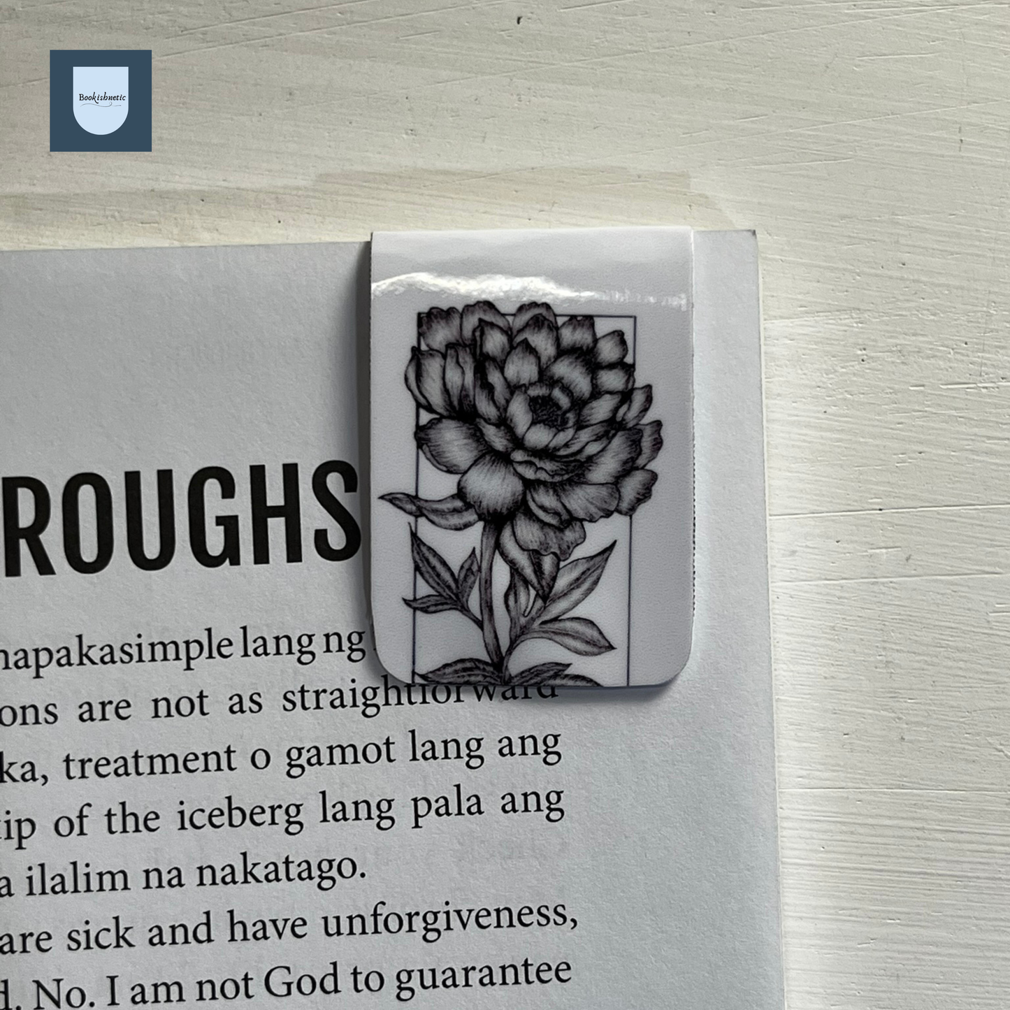 Peony Floral Ink Magnetic Bookmark | Minimalist Black & White Botanical Design