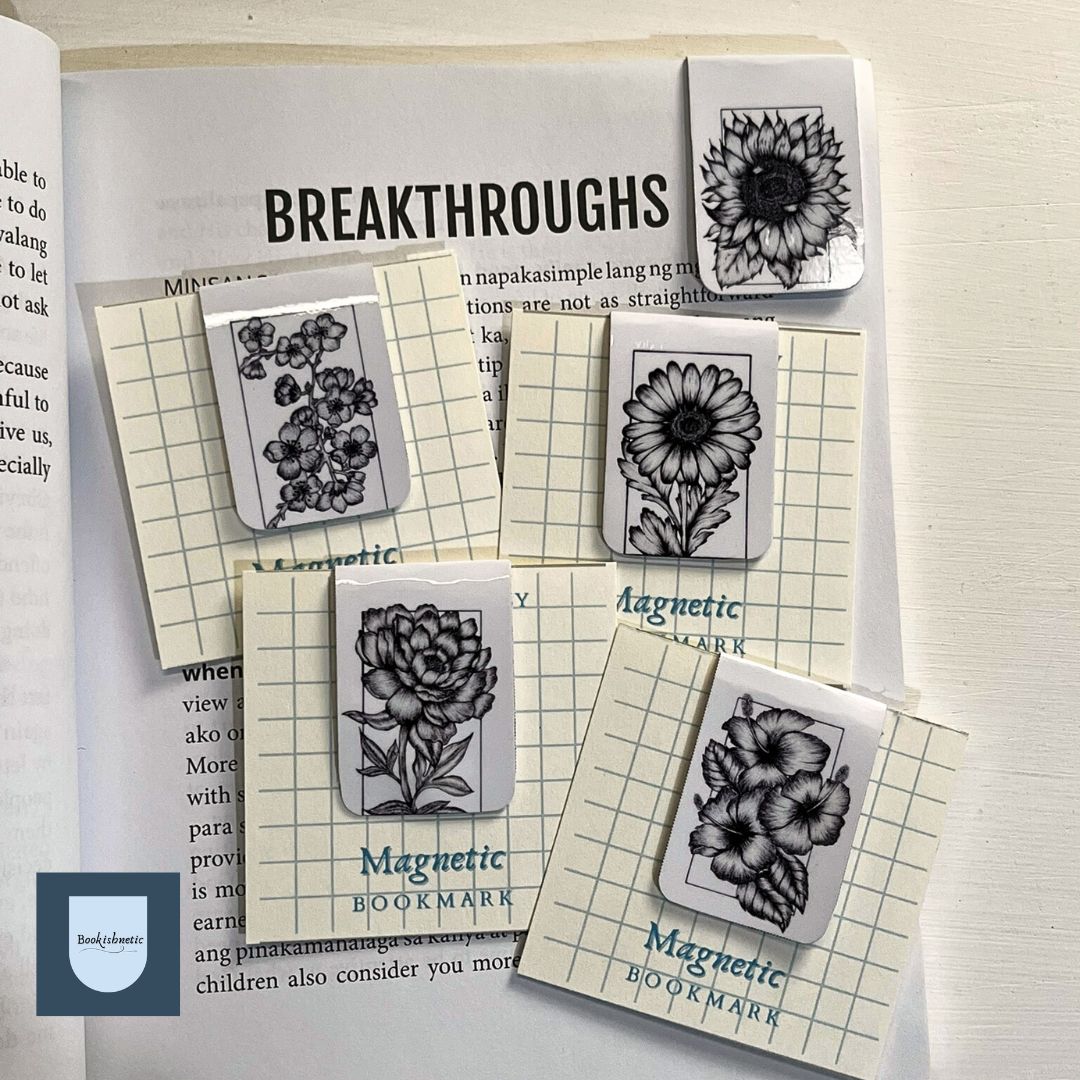 Floral Ink Magnetic Bookmark Set of 5 | Black & White Botanical Art | Minimalist Stationery Gift for Readers