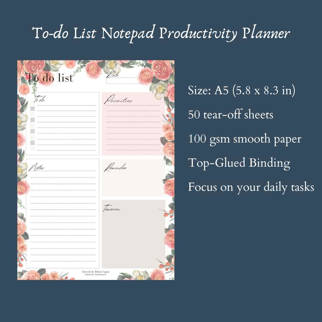 Floral A5 To-Do List Notepad | 50 Sheets 100gsm | Daily Planner Pad