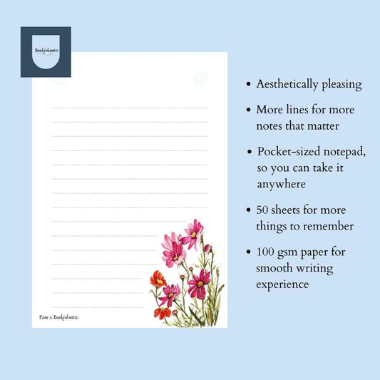 Floral A6 Lined Notepad – Pink Wildflowers | 50 Sheets, 100 GSM | Pocket Size Notes